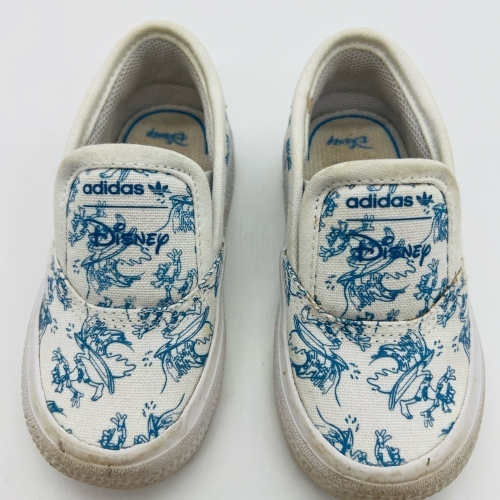ADIDAS + DISNEY WHITE AND BLUE SLIP ON SNEAKERS SIZE 6